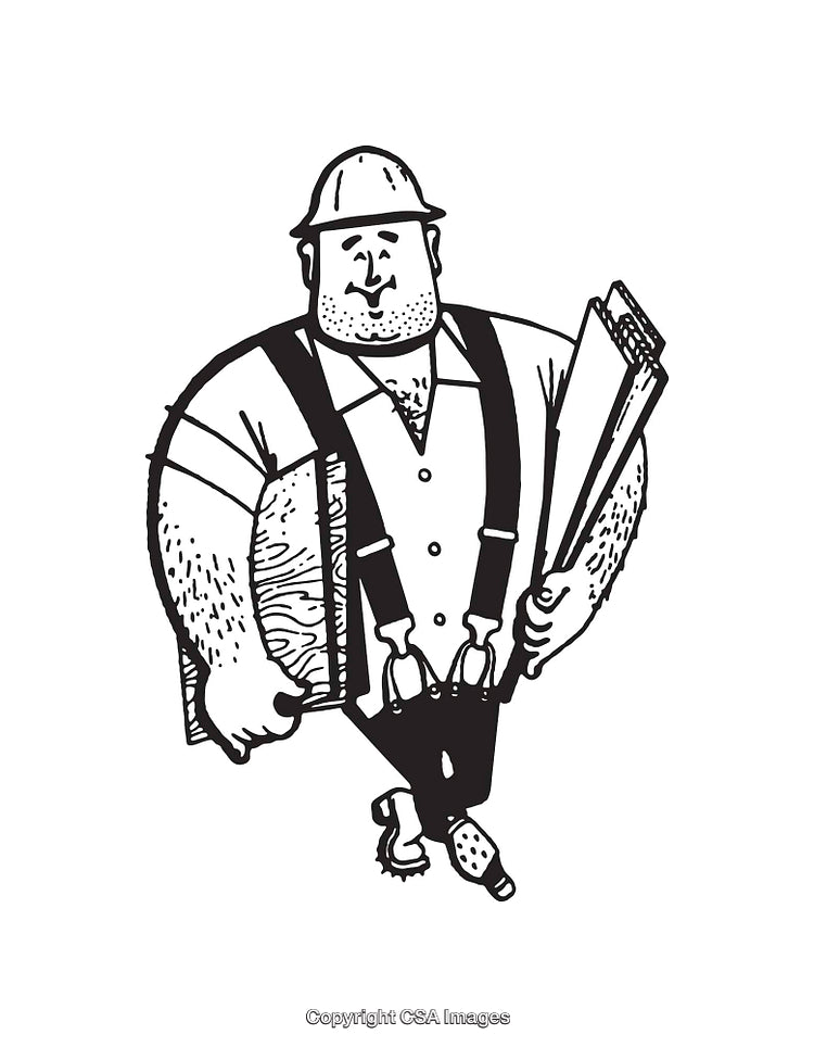 Black and White Illustration of a Worker Carrying Plan and Materials