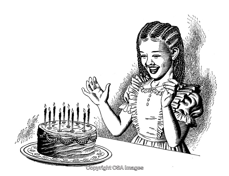 Engraved Illustration of a Girl Celebrating a Birthday with a Cake