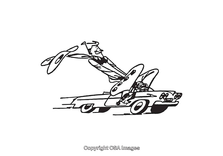 Cartoon Illustration of a Person Flying on a Remote-Controlled Toy Car