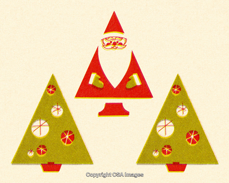 Vintage Christmas Illustration With Santa and Decorated Christmas Trees