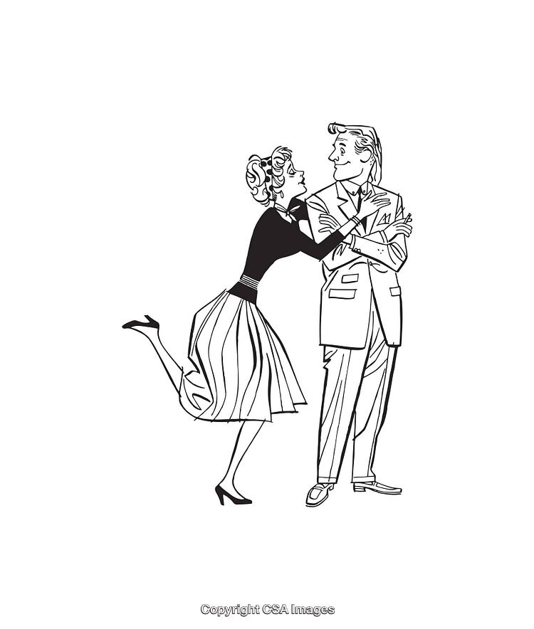 Retro Line Art Illustration of a Couple in a Vintage Style
