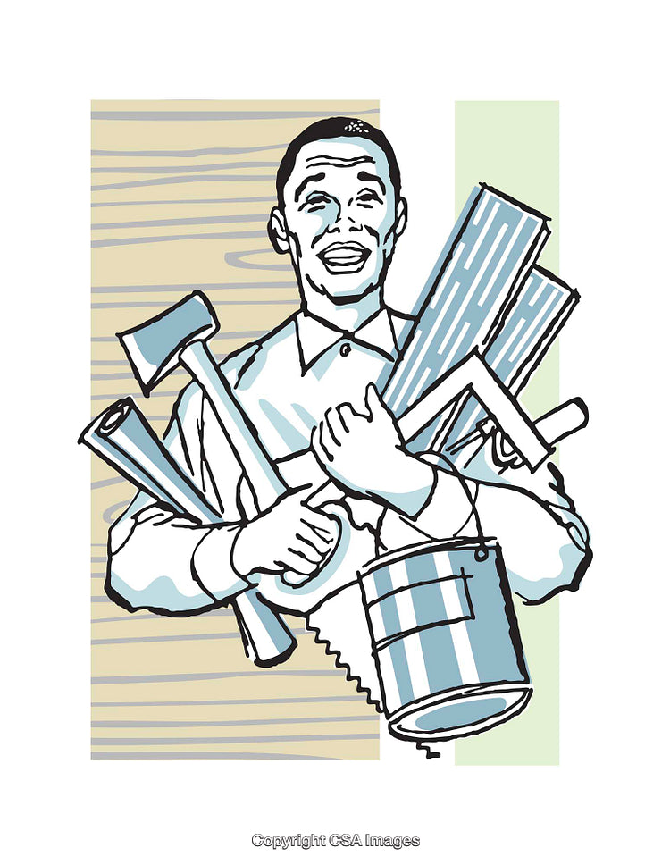 Colorful Illustration of a Happy Handyman Holding Tools and Wood Supplies