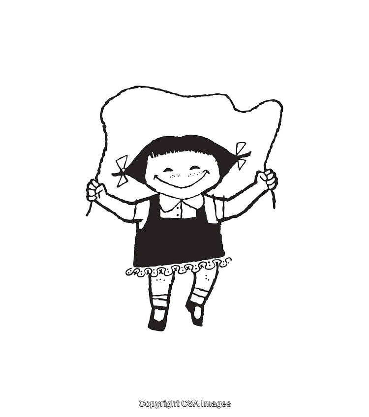 Black and White Illustration of a Girl Jumping Rope with Joy