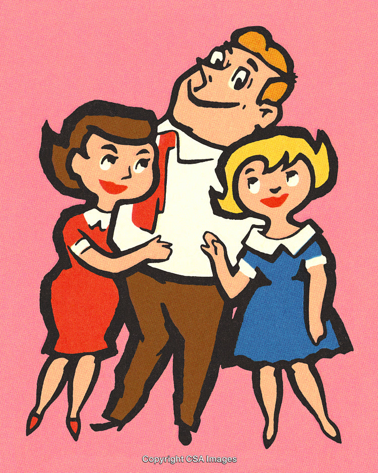 Retro Illustration of a Smiling Man with Two Women in a Friendly Pose