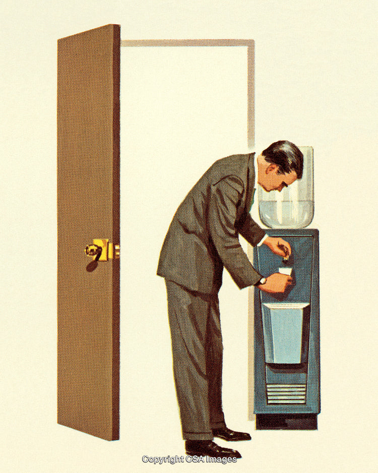 Businessman Pouring Water from Cooler in Office Room Interior