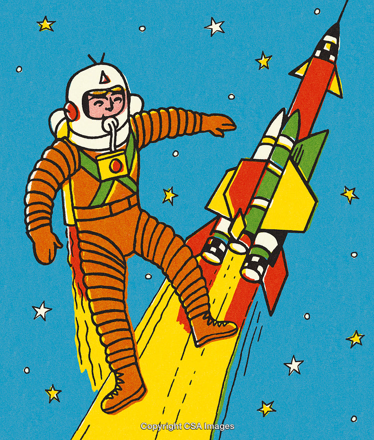 Retro Illustration of Astronaut Exploring Space with a Launching Rocket