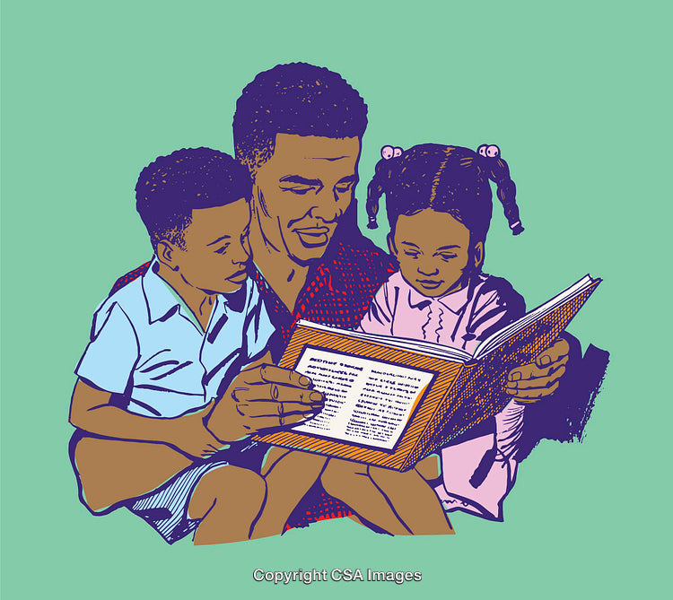 Father Reading a Storybook with Two Young Children in Illustration