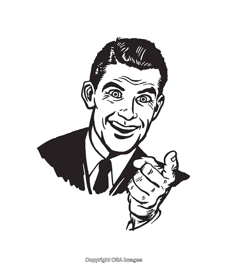 Vintage Black and White Illustration of Smiling Gentleman Gesturing