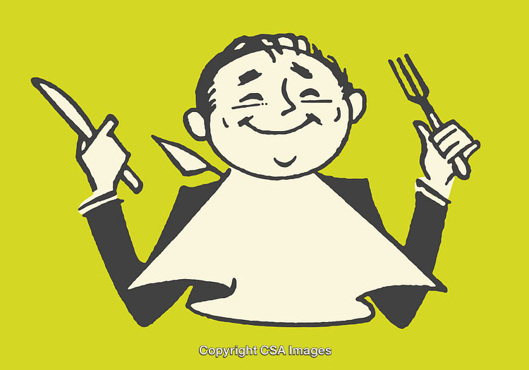 Retro Style Illustration of Happy Man Eagerly Preparing for a Meal
