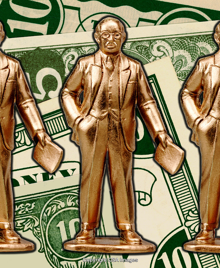 Golden Figurines Against Money-Themed Background Depicting Concepts of Business and Wealth