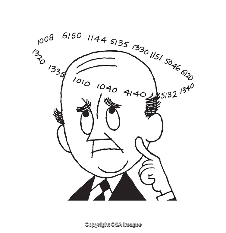Cartoon Illustration of a Thinking Man Surrounded by Numbers and Concepts
