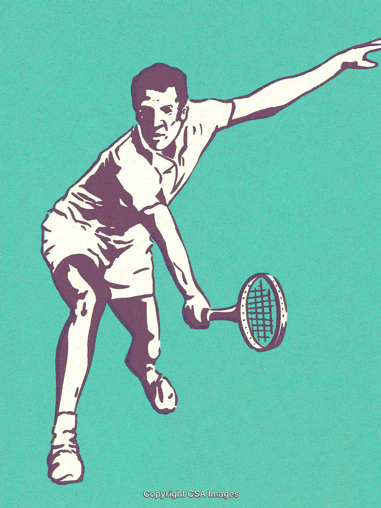 Illustrated Vintage Tennis Player in Action on a Textured Background