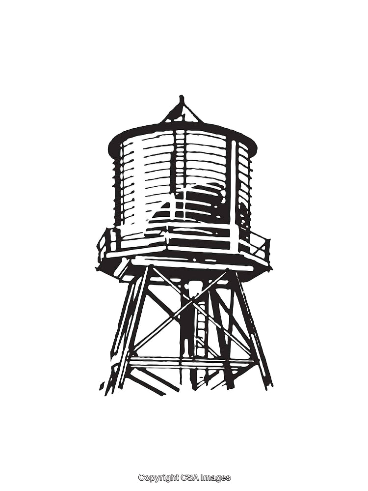 Black and White Line Art Illustration of an Elevated Water Tower