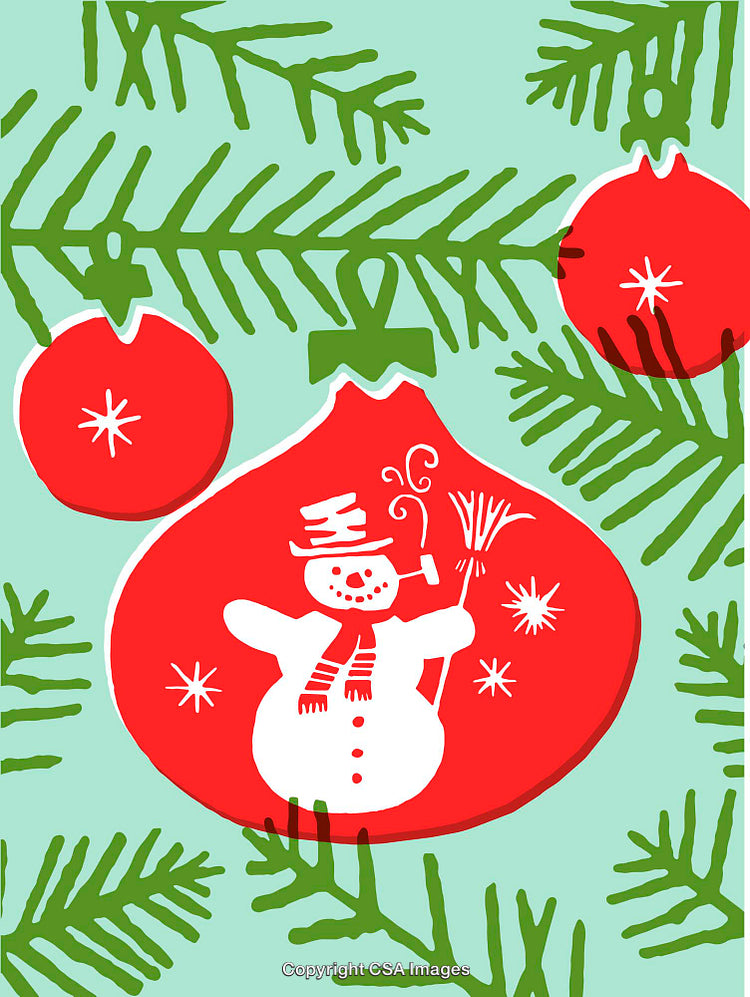 Festive Christmas Illustration Featuring Snowman Ornament and Evergreen Decorations