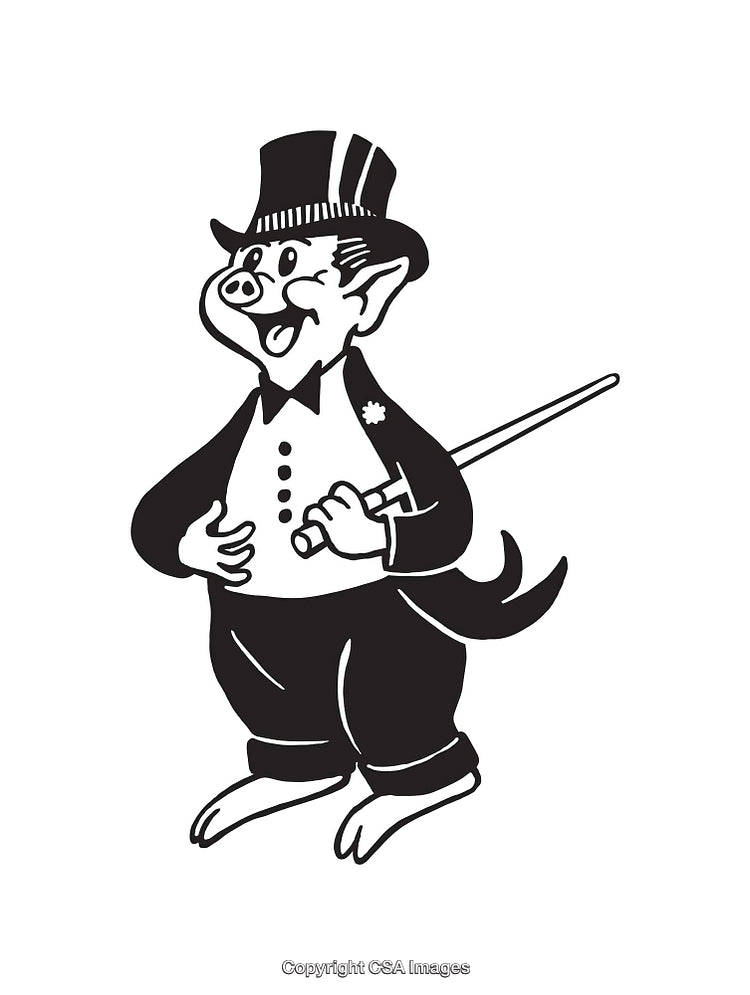 Black and White Retro Pig Illustration in Formal Tuxedo with Top Hat