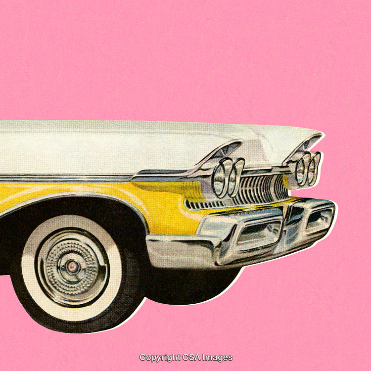 Vintage Yellow Car Front with Retro Design on Pink Background