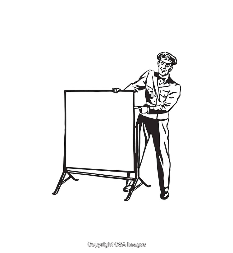 Vintage Line Drawing of Professional at Board Displaying Blank Panel