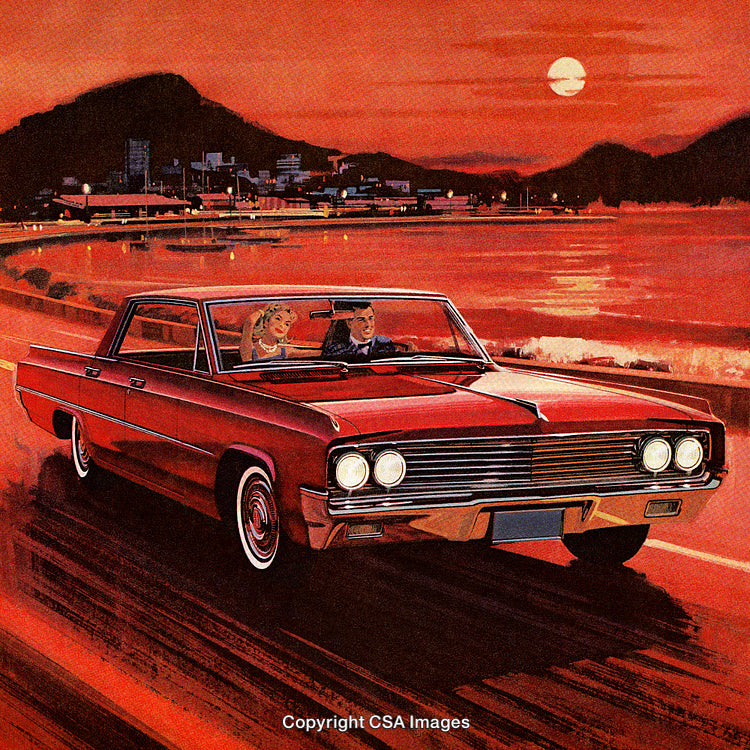 Vintage Car Driving Along Coastal Road at Sunset in a Romantic Scene