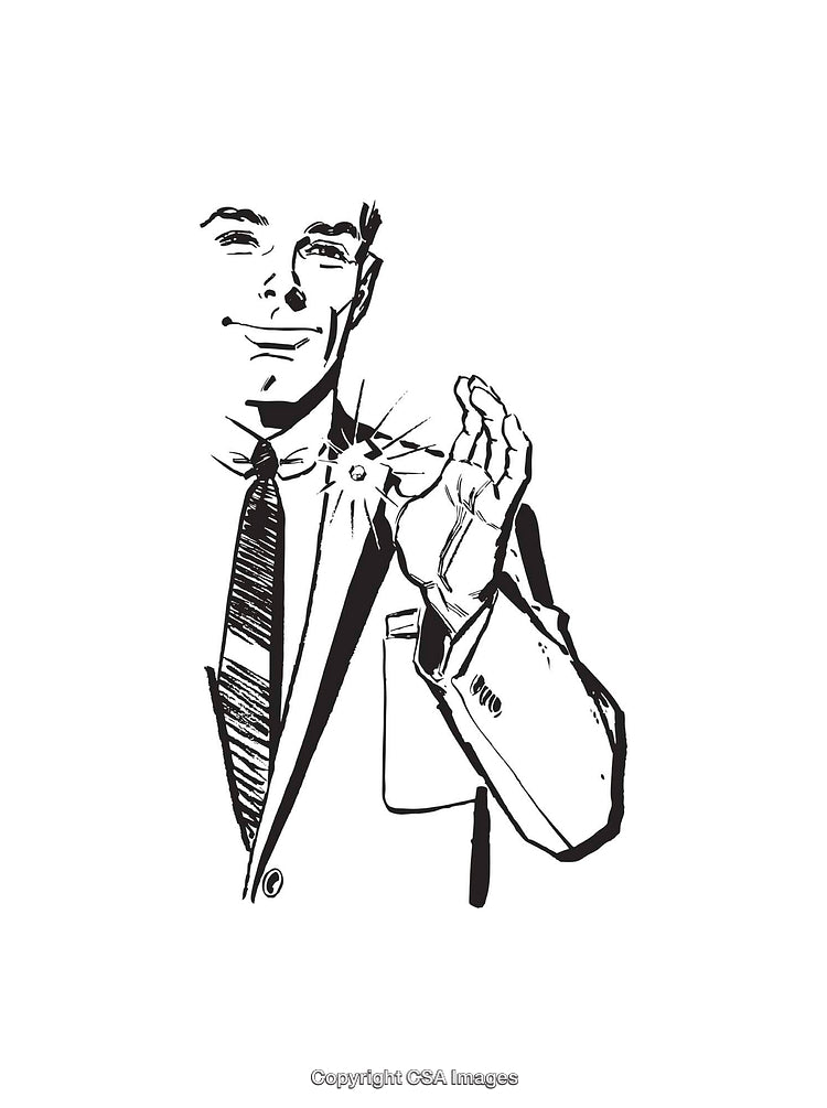 Retro Styled Black and White Line Art of a Smiling Businessman