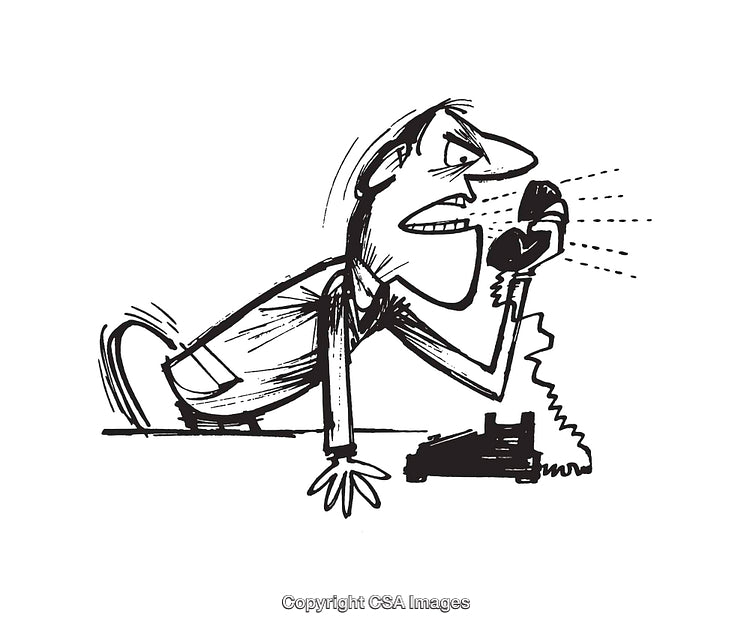 Black and White Line Art of a Frustrated Man Using a Telephone