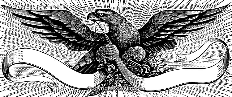 Intricate Black And White Engraving of an Eagle with Ribbon Banner