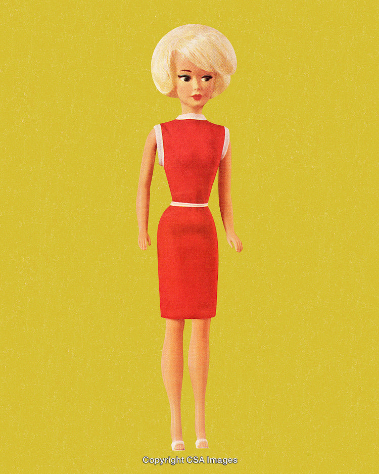 Stylized Retro Doll in Red Dress With Yellow Background
