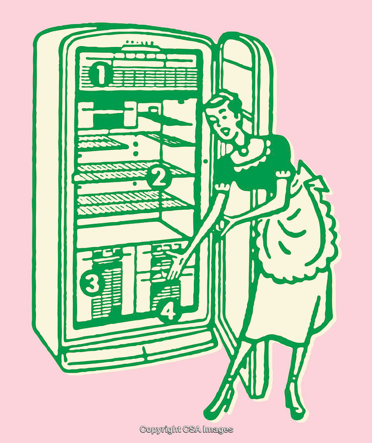 Vintage Line Art of a Woman Standing by Open Refrigerator