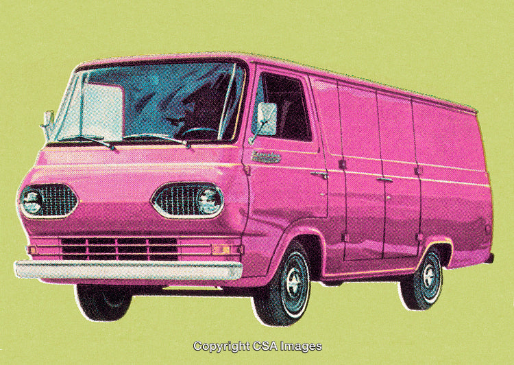 Retro Pink Van Illustration on Green Background with Vintage Design