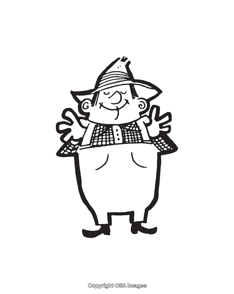 Whimsical Farmer Character in Black and White Line Art Illustration