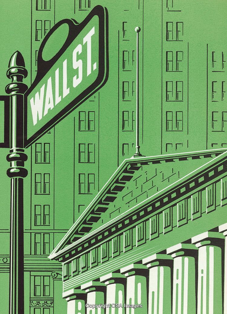 Illustrated Wall Street Sign with Financial District Buildings in Green Tones