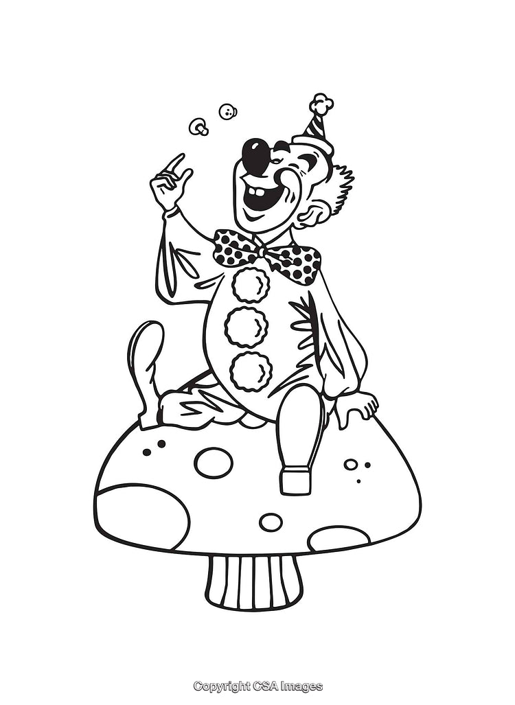 Black and White Clown Sitting on a Mushroom Line Art Illustration