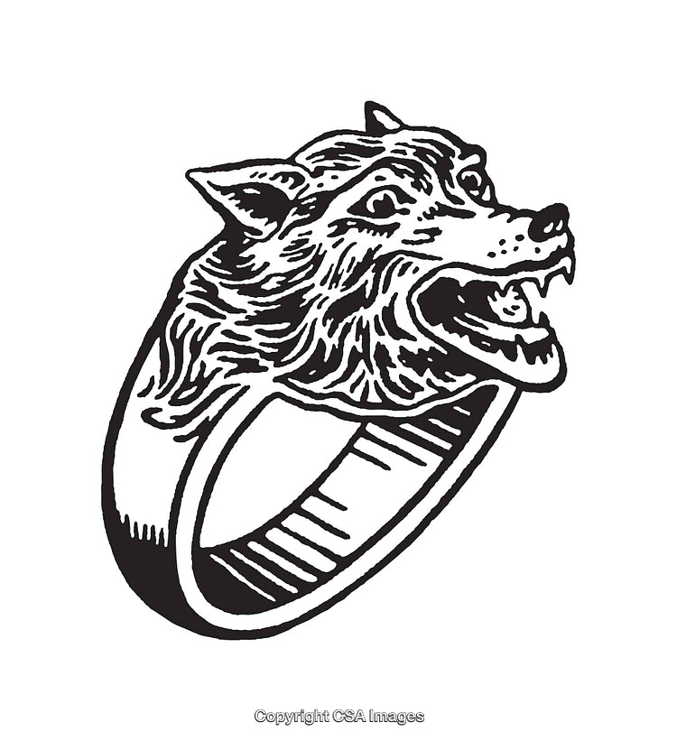 Black and White Line Illustration of a Wolf Ring Design