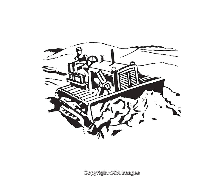 Black and White Illustration of a Bulldozer in a Landscape Setting