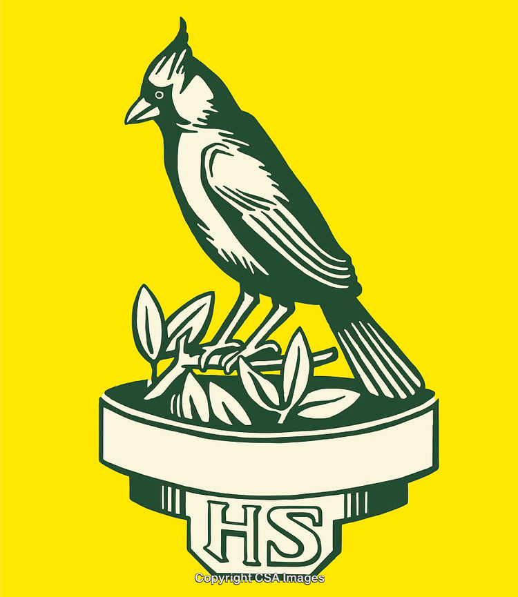 Stylized Green Bird Illustration on Yellow Background with Leaf Design