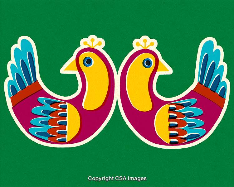 Vibrant Folk Art Style Illustration of Two Colorful Birds