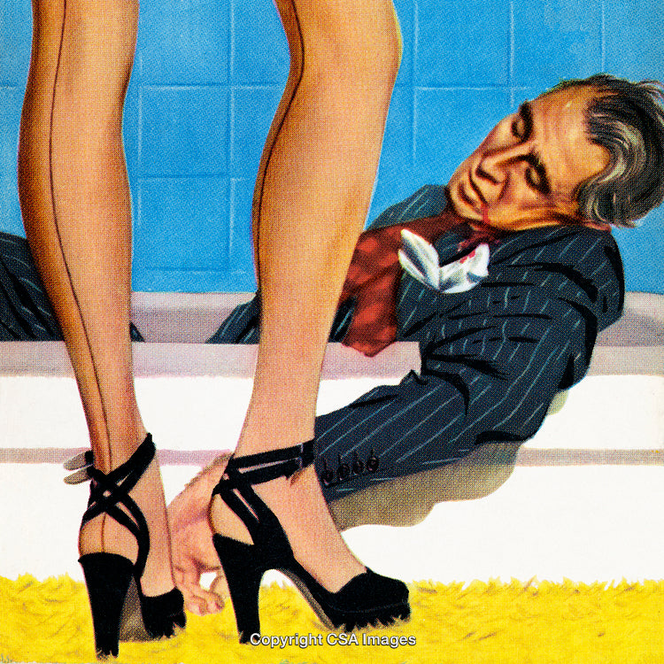 Vintage Illustration of Man Reclining in Bathtub and Woman Wearing Elegant Heels