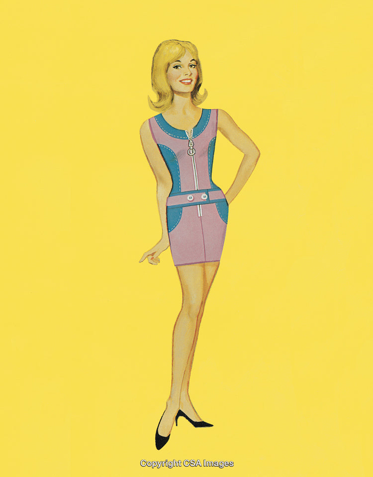 Stylized Retro Illustration of Woman in Vintage Dress on Yellow Background