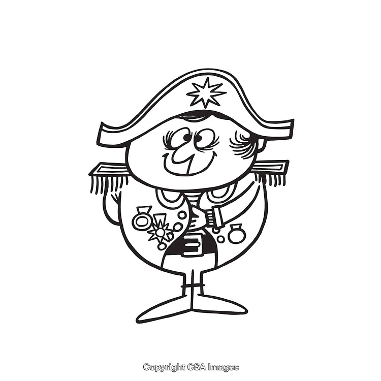 Black and White Sketch of a Cartoon Military Character in Uniform