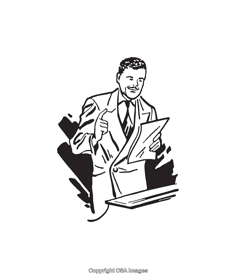Vintage Black and White Line Art of a Confident Speaker