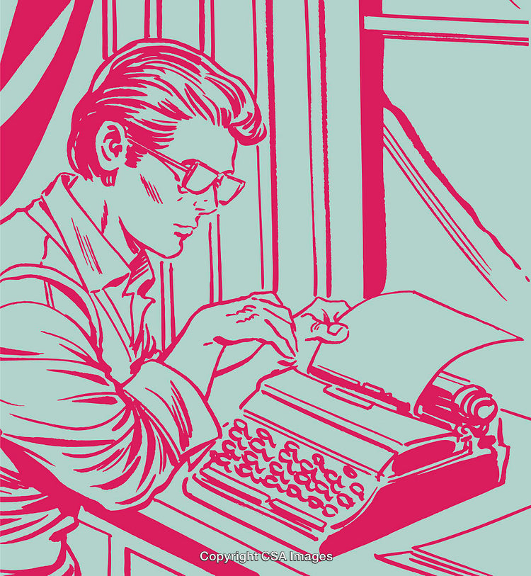 Retro-Styled Illustration of a Writer Working at a Typewriter in a Studio