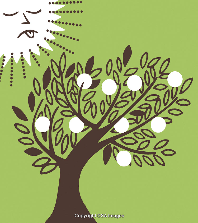 Stylized Tree with White Fruits Under a Smiling Sunlight Illustration
