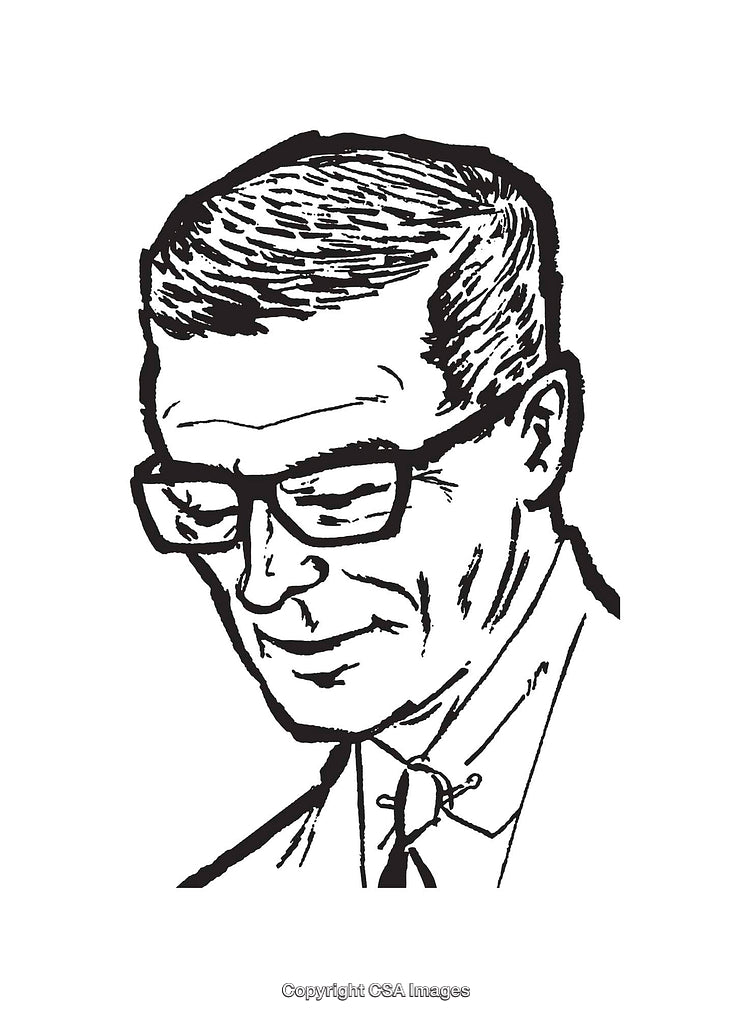 Vintage Black and White Line Art of a Man in Glasses