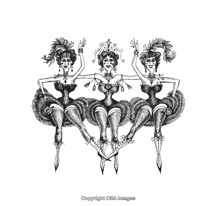 Vintage Black and White Line Art Can-Can Dance Illustration