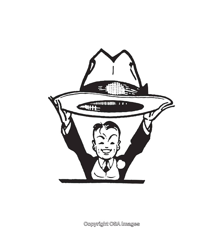 Illustration of a Character Lifting a Large Stetson Hat Drawing