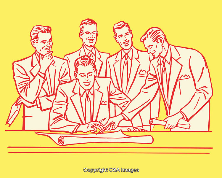 Retro Inspired Business Team Collaborating on a Project in Line Art