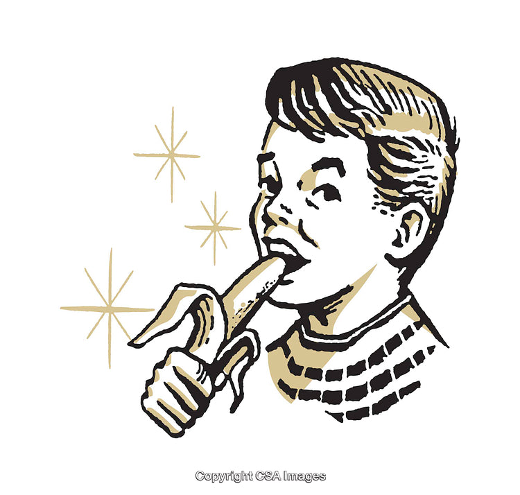 Retro Illustration of a Person Cheerfully Eating a Banana with a Vintage Style