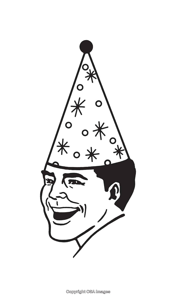 Black and White Line Art of a Smiling Man Wearing a Party Hat