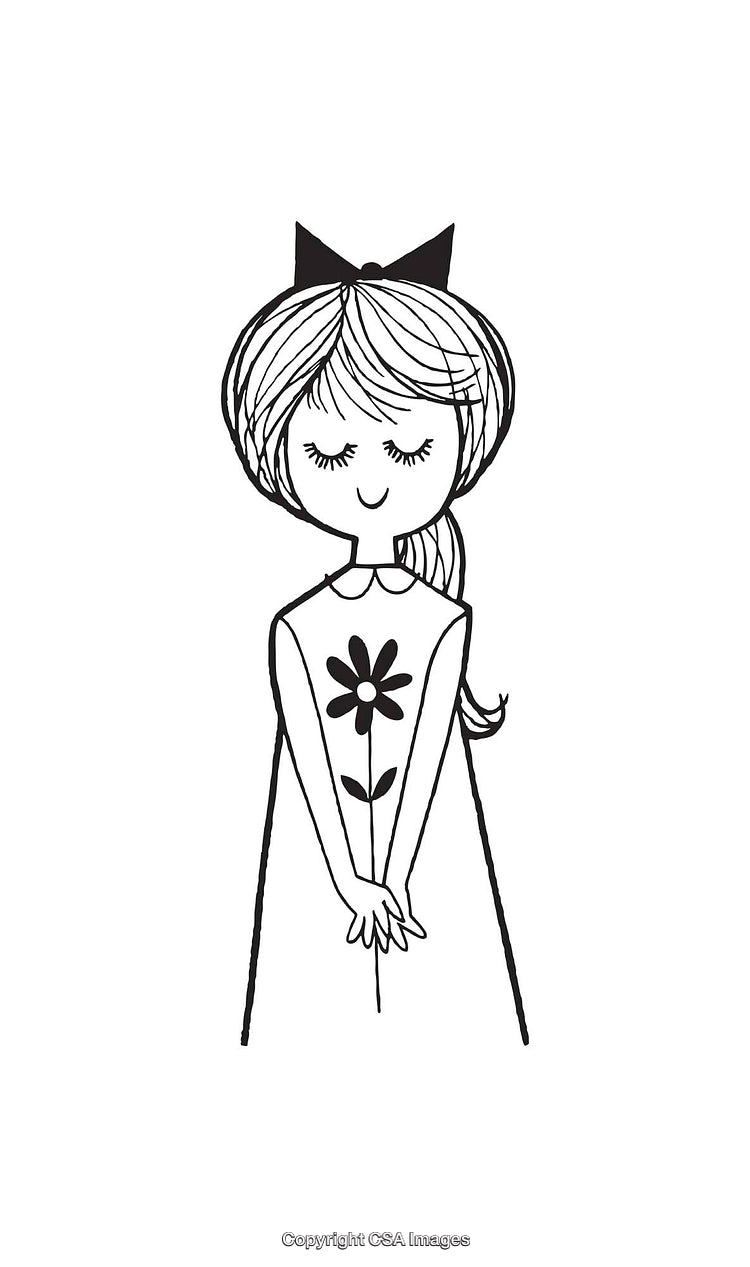 Black and White Illustration of Girl with Flower and Bow