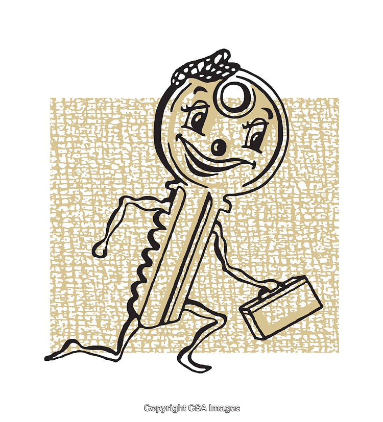 Cartoon Key Character Holding Briefcase and Smiling Cheerfully