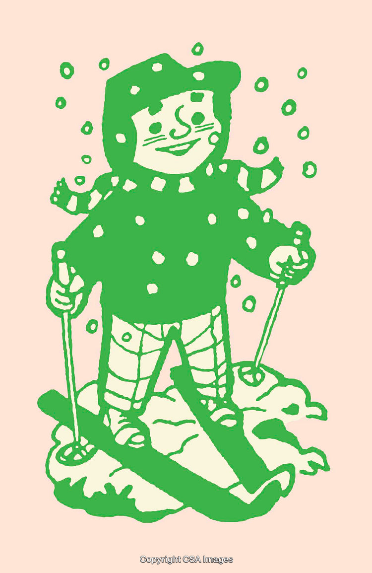 Illustration of a Smiling Skier in Winter Attire on a Snowy Day